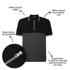 Bigdude Colour Block Zipped Polo Shirt Black/Charcoal -Bigdude 06f19a91 bd23p1620black