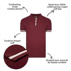 Bigdude Contrast Stripe Placket With Tipped Cuff Polo Shirt Burgundy -Bigdude 13cf704e bd21p1420red