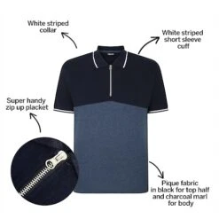 Bigdude Colour Block Zipped Polo Shirt Navy/Denim -Bigdude 4fbc83eb bd23p1620blue