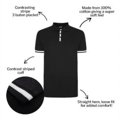 Bigdude Contrast Stripe Placket With Tipped Cuff Polo Shirt Black -Bigdude 5c334730 bd21p1420black