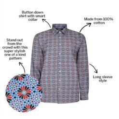 Bigdude Retro Flower Print Long Sleeve Poplin Shirt Blue/Red -Bigdude a518b791 bd23ls14