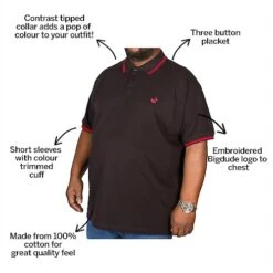 Bigdude Tipped Polo Shirt Black/Red -Bigdude ca4e1e02 bd18pt0120red